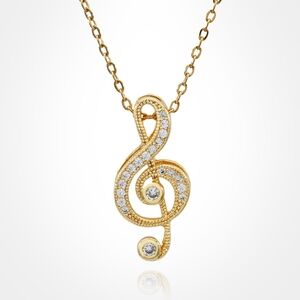 CZ Stone Gold Tone Treble Clef Pendant Necklace Music Lovers